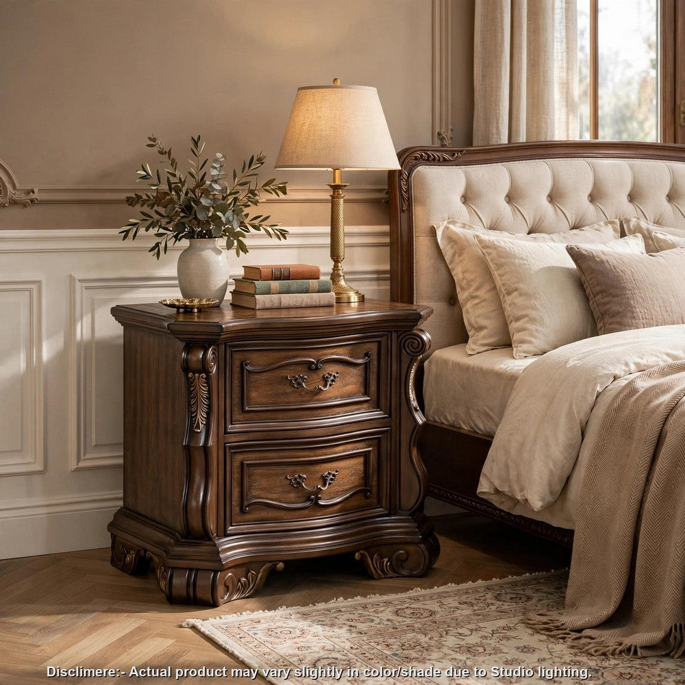 Gony Nightstand | 2 Drawers | Traditional Carving | Gold Accents | Dark Brown