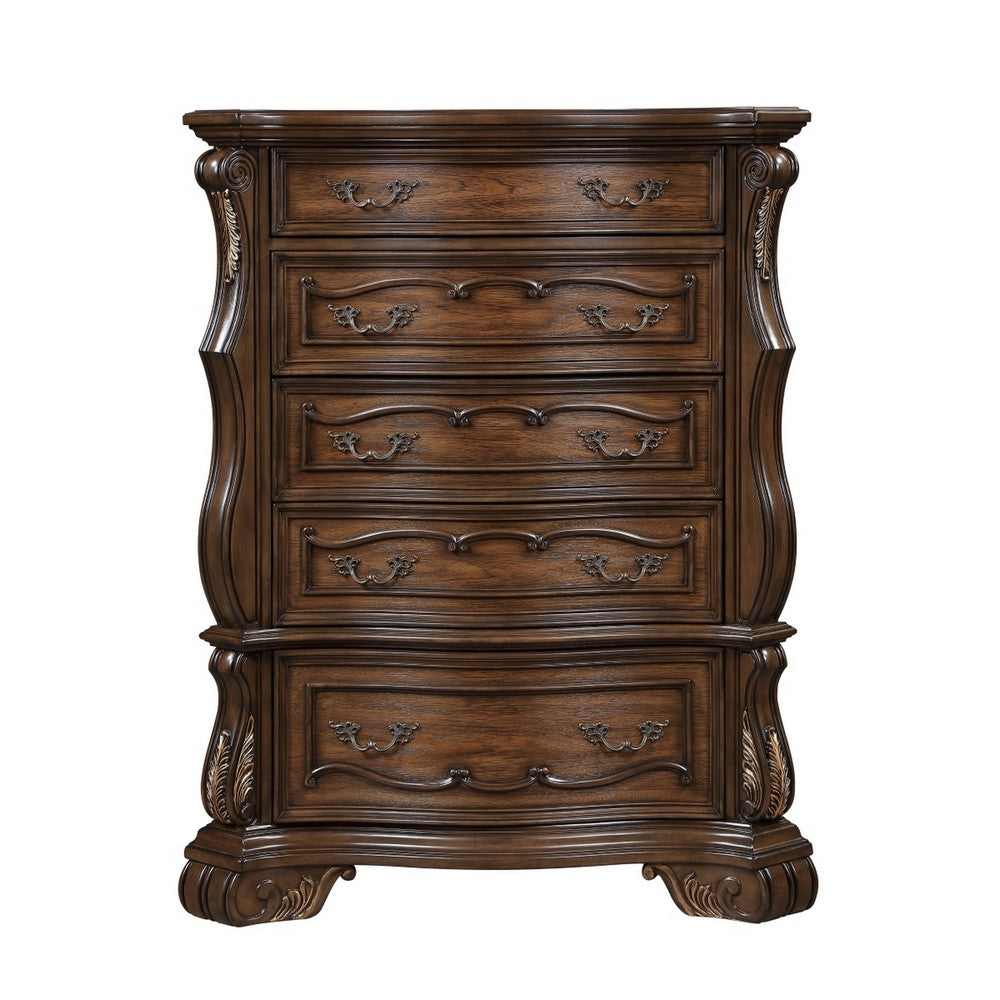 Gony Tall Dresser Chest | 5 Drawers | Traditional Carving | Gold | Dark Brown