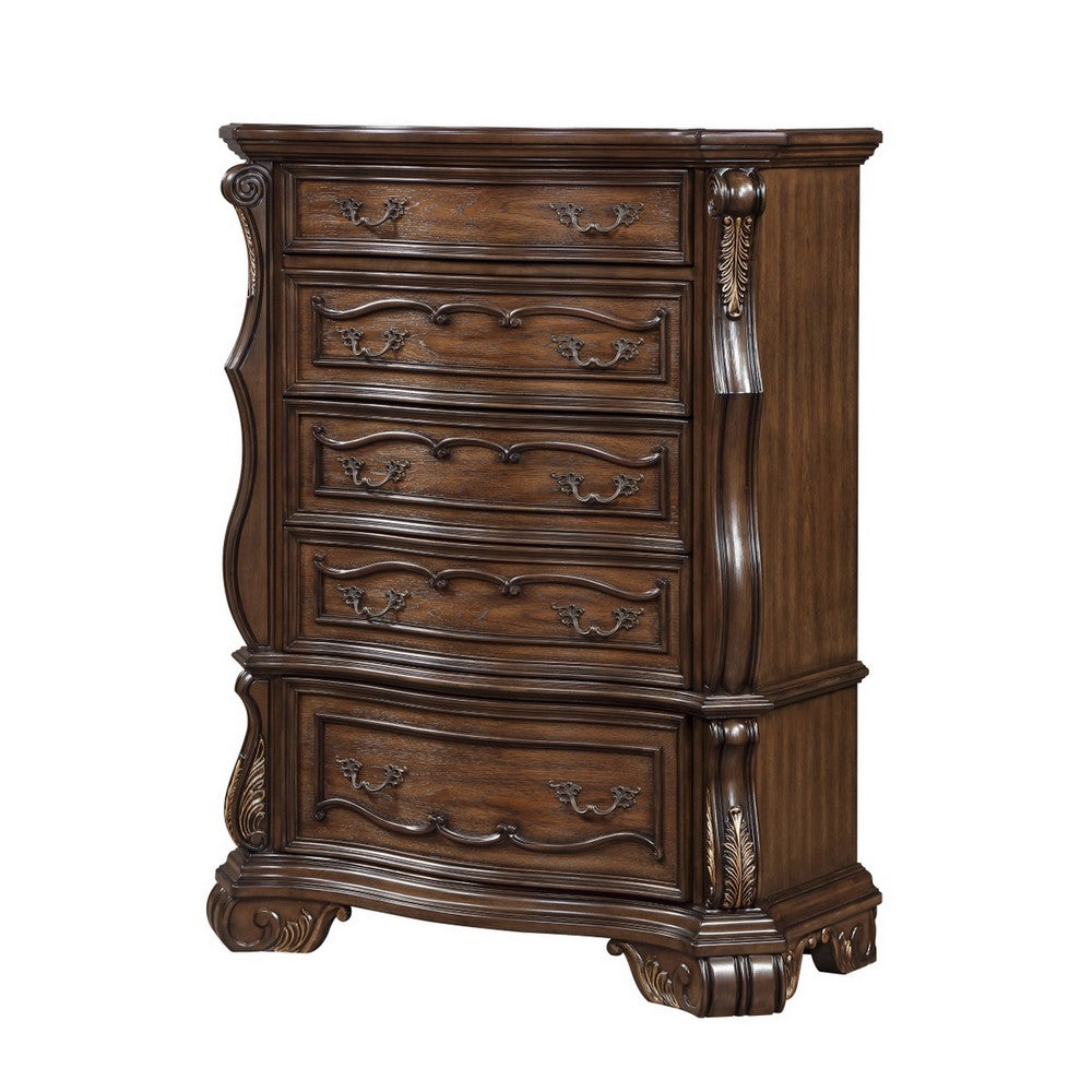 Gony Tall Dresser Chest | 5 Drawers | Traditional Carving | Gold | Dark Brown