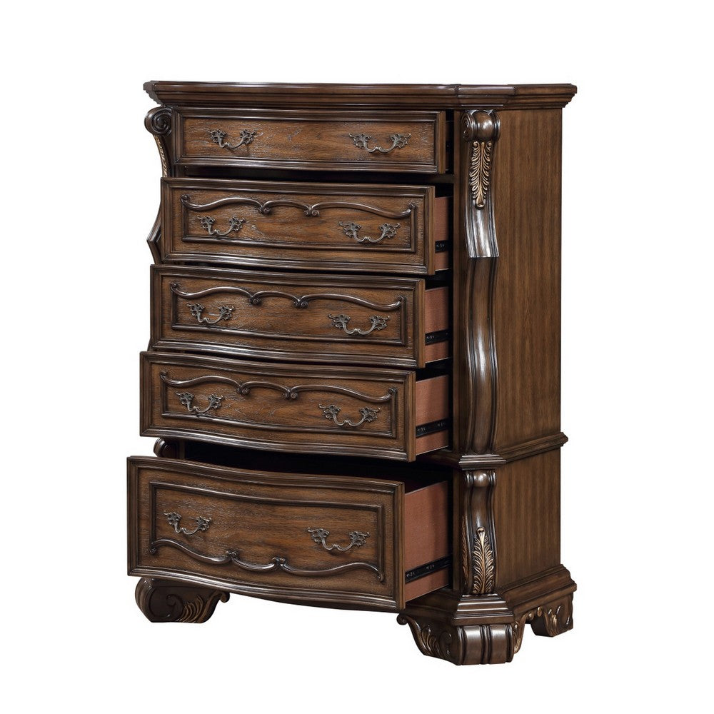 Gony Tall Dresser Chest | 5 Drawers | Traditional Carving | Gold | Dark Brown