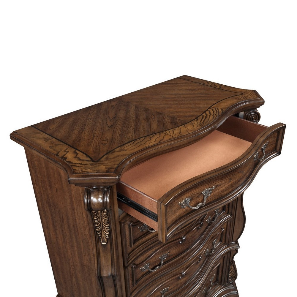 Gony Tall Dresser Chest | 5 Drawers | Traditional Carving | Gold | Dark Brown