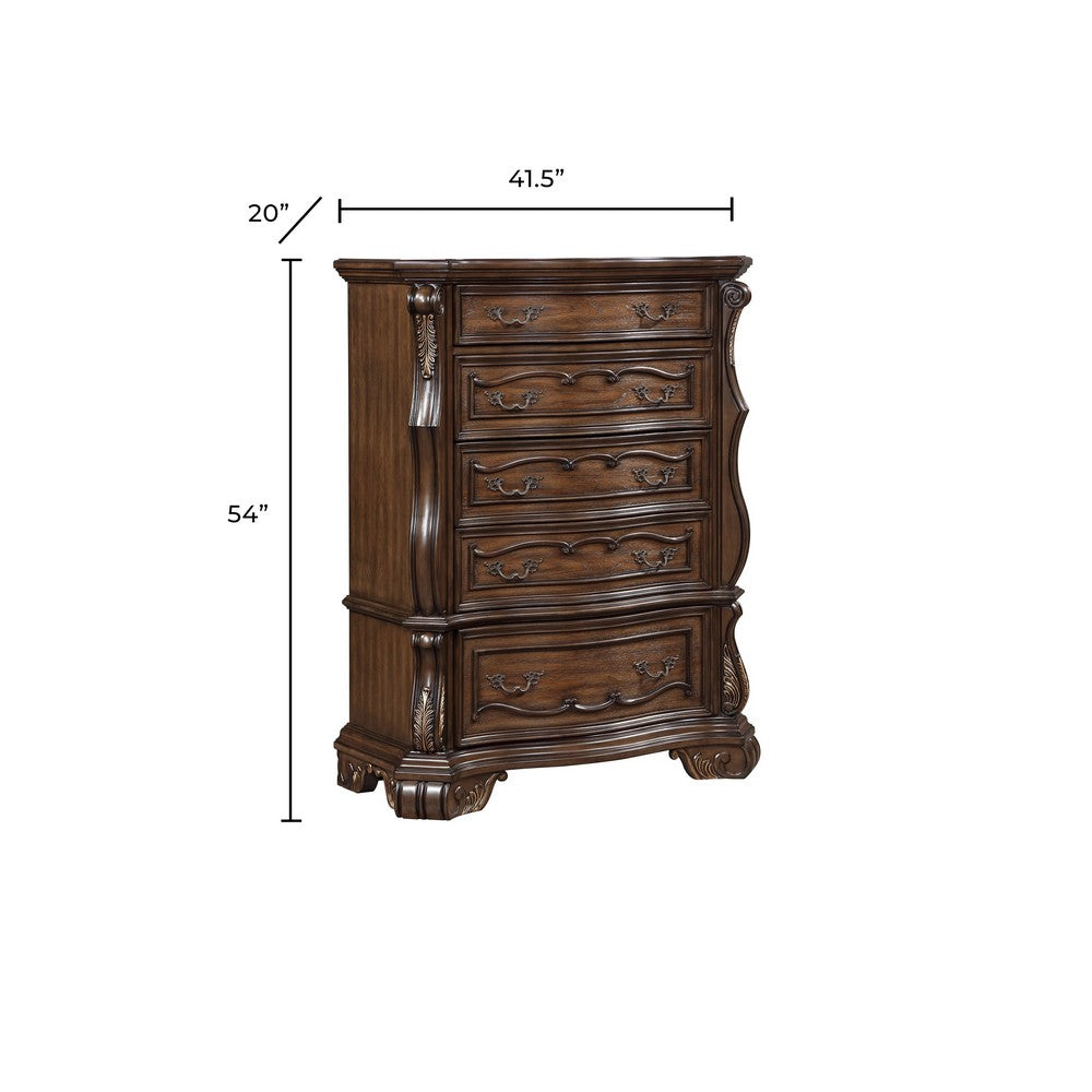 Gony Tall Dresser Chest | 5 Drawers | Traditional Carving | Gold | Dark Brown