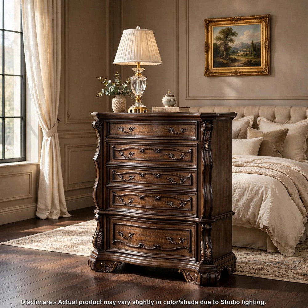 Gony Tall Dresser Chest | 5 Drawers | Traditional Carving | Gold | Dark Brown