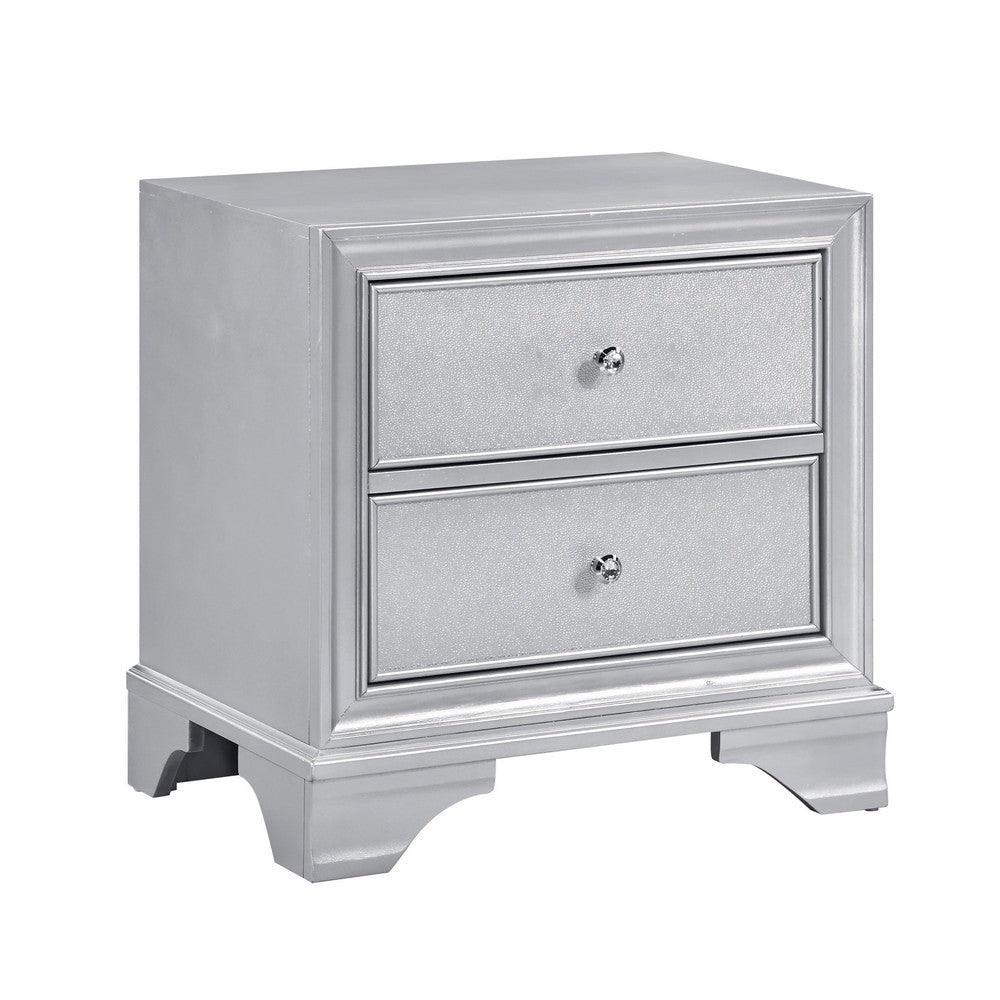 Aman Nightstand | 2 Drawers | Embossed Front | Acrylic Diamond Knobs | Silver