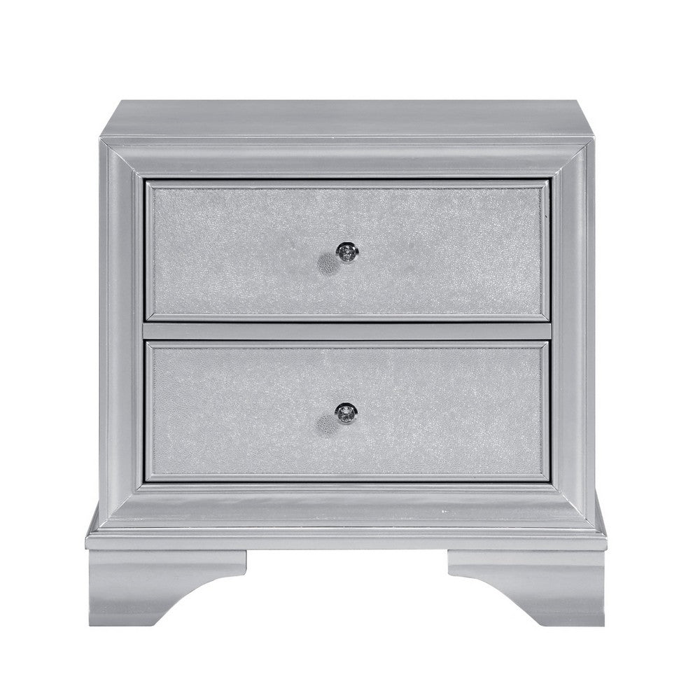 Aman Nightstand | 2 Drawers | Embossed Front | Acrylic Diamond Knobs | Silver