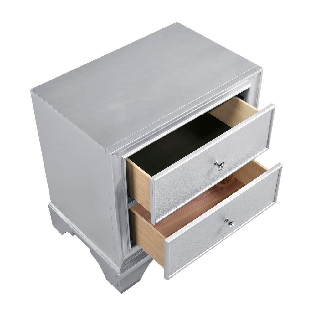 Aman Nightstand | 2 Drawers | Embossed Front | Acrylic Diamond Knobs | Silver
