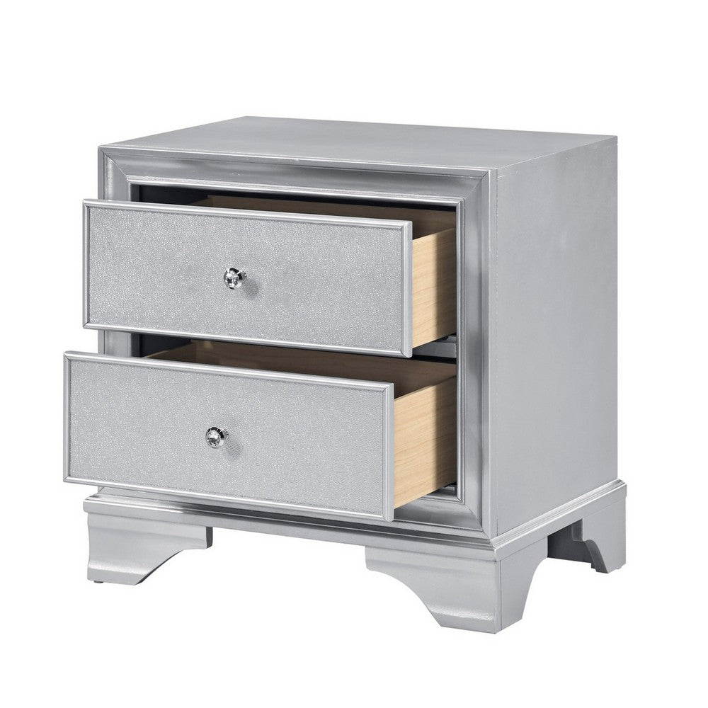 Aman Nightstand | 2 Drawers | Embossed Front | Acrylic Diamond Knobs | Silver