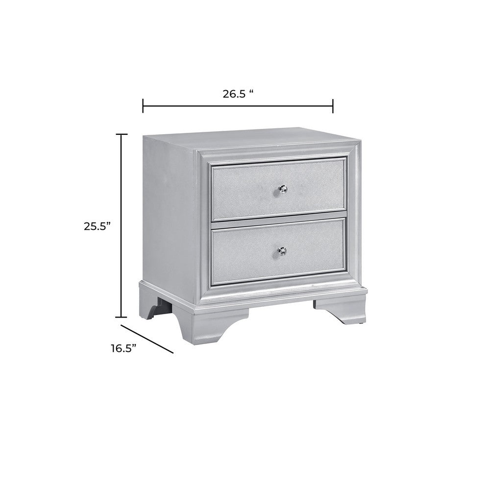 Aman Nightstand | 2 Drawers | Embossed Front | Acrylic Diamond Knobs | Silver