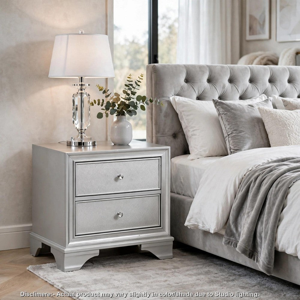 Aman Nightstand | 2 Drawers | Embossed Front | Acrylic Diamond Knobs | Silver