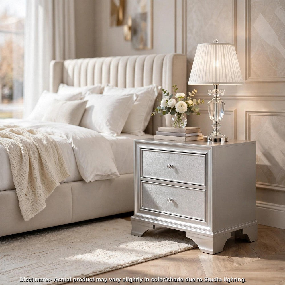 Aman Nightstand | 2 Drawers | Embossed Front | Acrylic Diamond Knobs | Silver