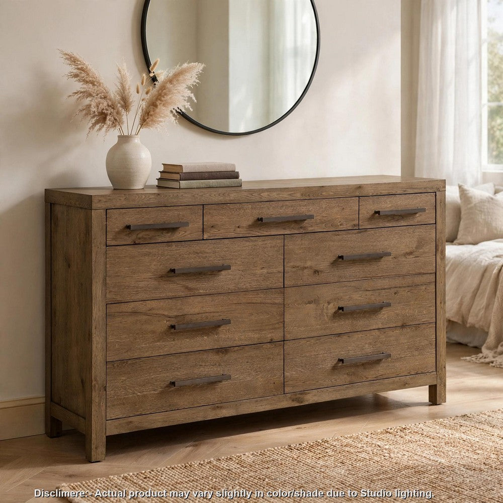 Masi Wide Dresser | 9 Drawers | Antique Handles | Transitional Style | Brown