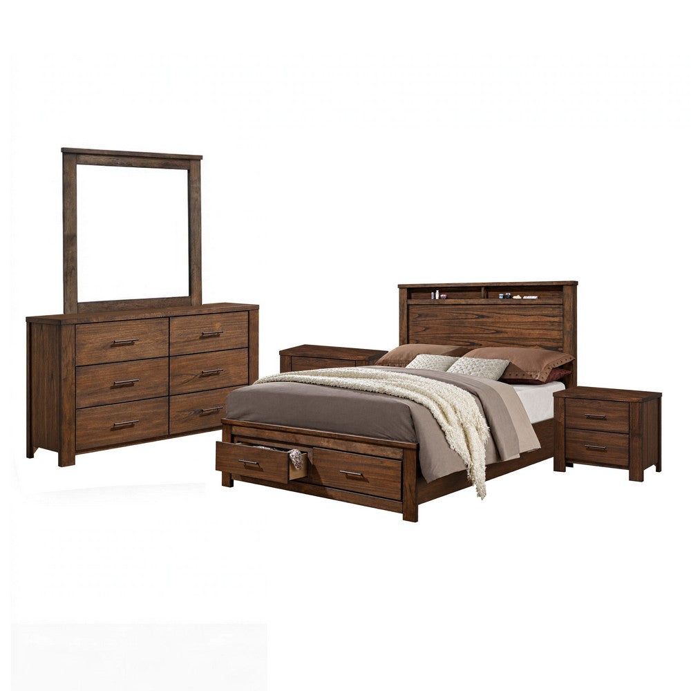 King Bedroom Set, Brown, 5pc w 2 Nightstands, Dresser, Mirror