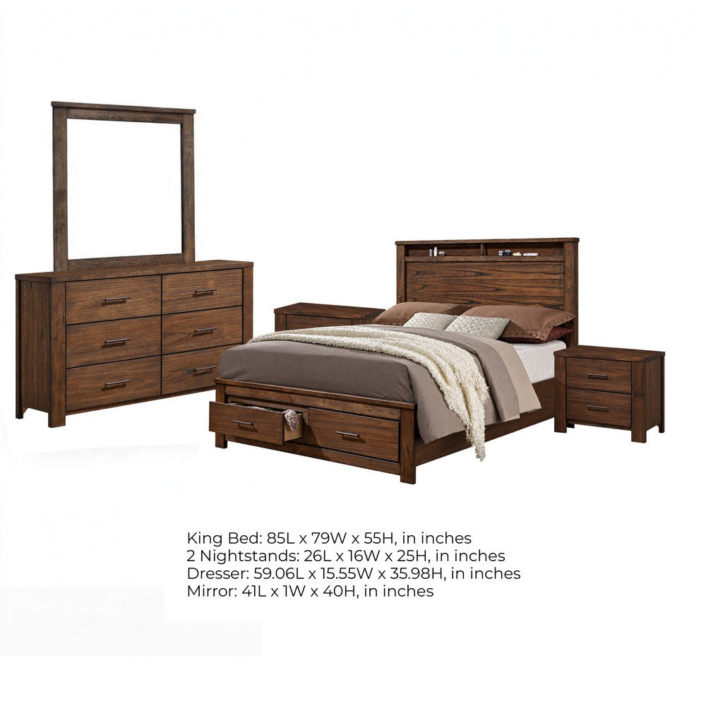 King Bedroom Set, Brown, 5pc w 2 Nightstands, Dresser, Mirror