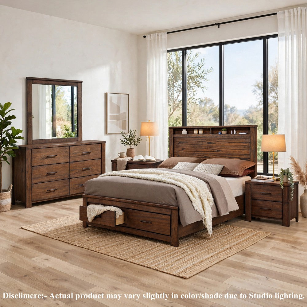 King Bedroom Set, Brown, 5pc w 2 Nightstands, Dresser, Mirror