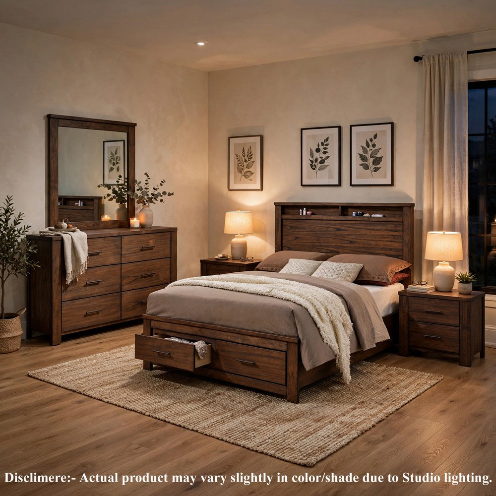 King Bedroom Set, Brown, 5pc w 2 Nightstands, Dresser, Mirror