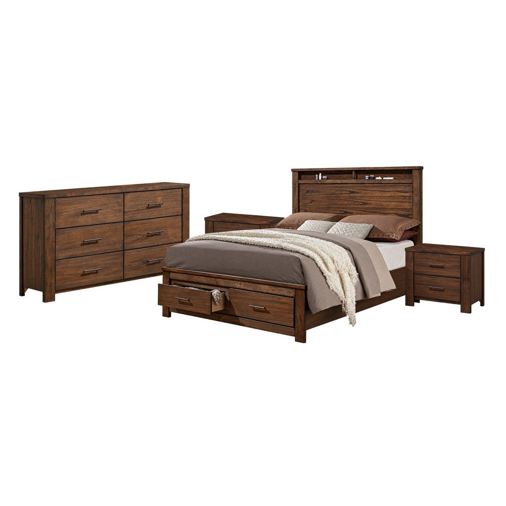 King Bedroom Set, Storage Design, Brown, 4pc w 2 Nightstands, Dresser