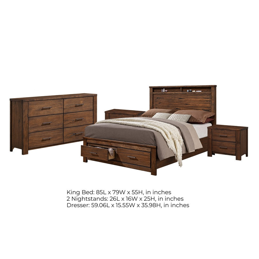 King Bedroom Set, Storage Design, Brown, 4pc w 2 Nightstands, Dresser