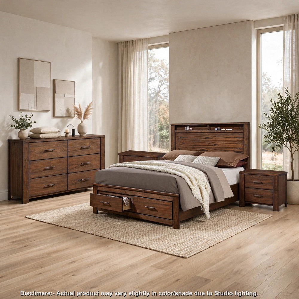 King Bedroom Set, Storage Design, Brown, 4pc w 2 Nightstands, Dresser