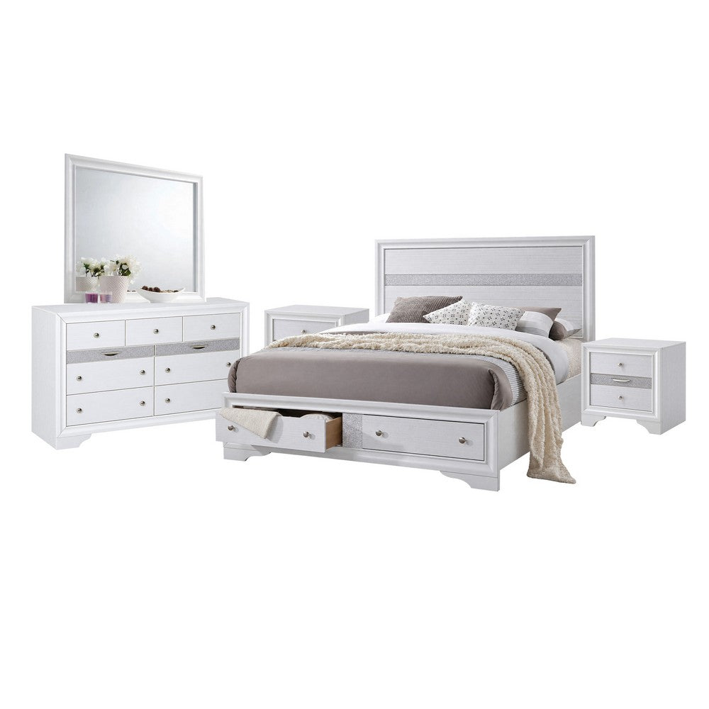 King Bedroom Set, White, 5pc w 2 Nightstands, Dresser, Mirror