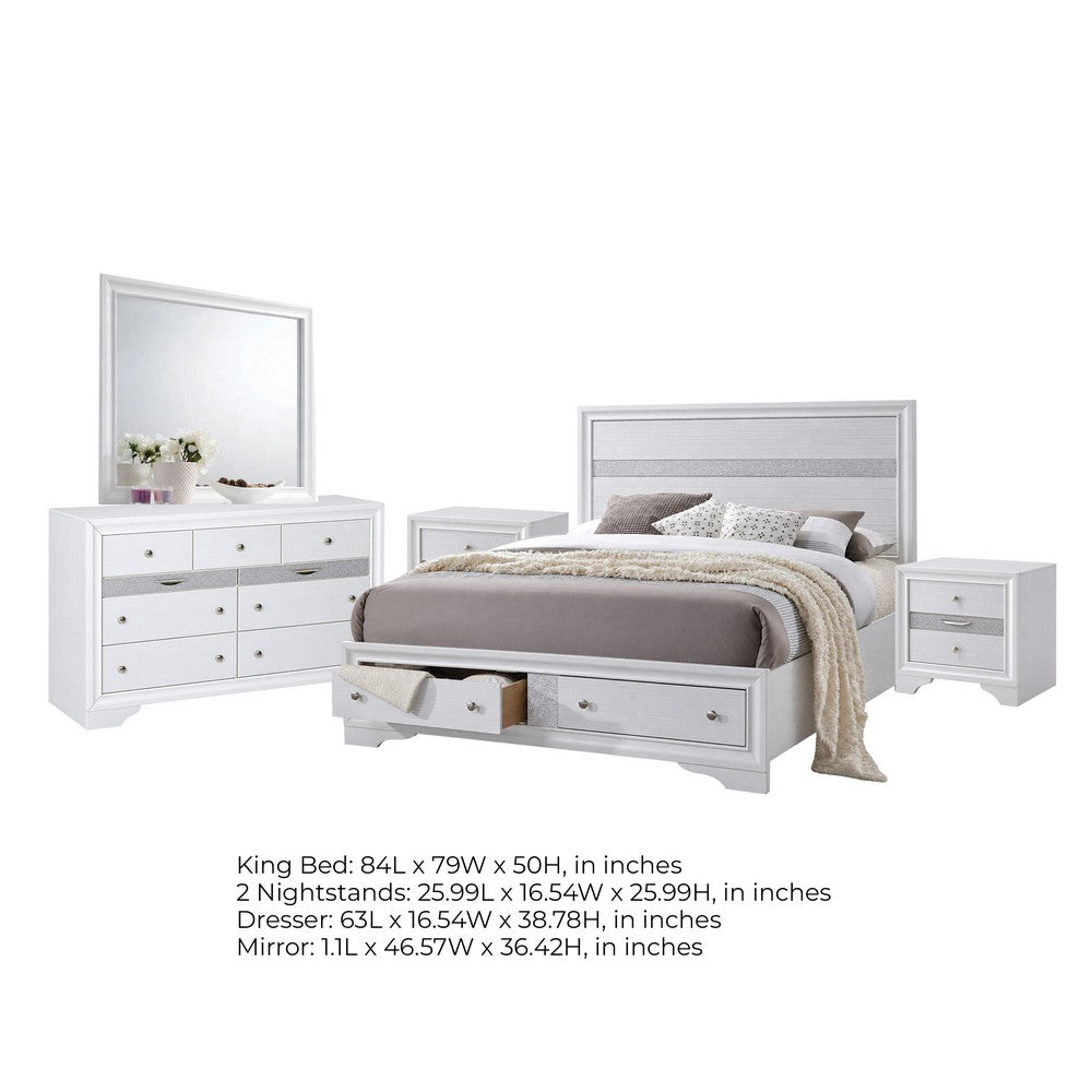 King Bedroom Set, White, 5pc w 2 Nightstands, Dresser, Mirror