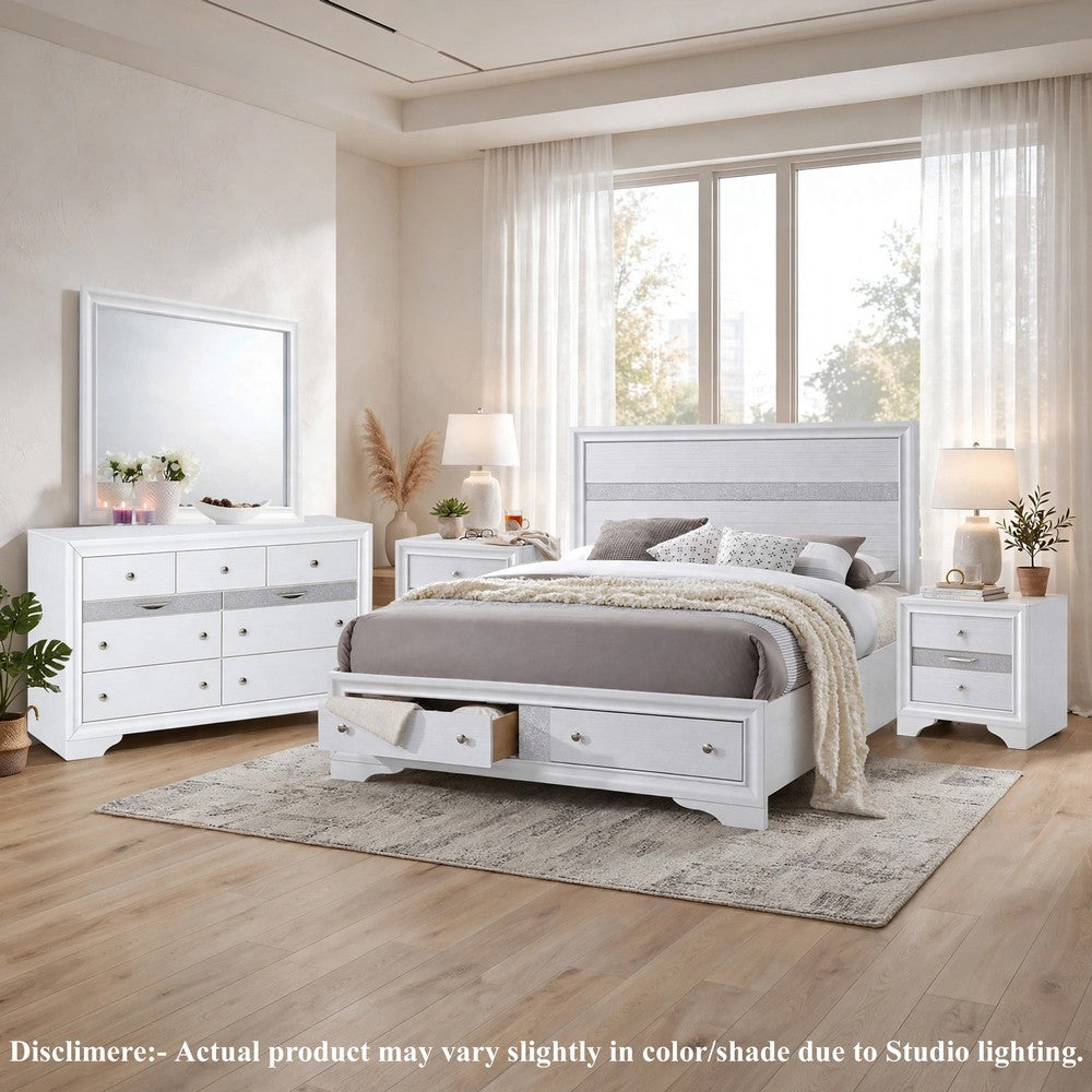 King Bedroom Set, White, 5pc w 2 Nightstands, Dresser, Mirror