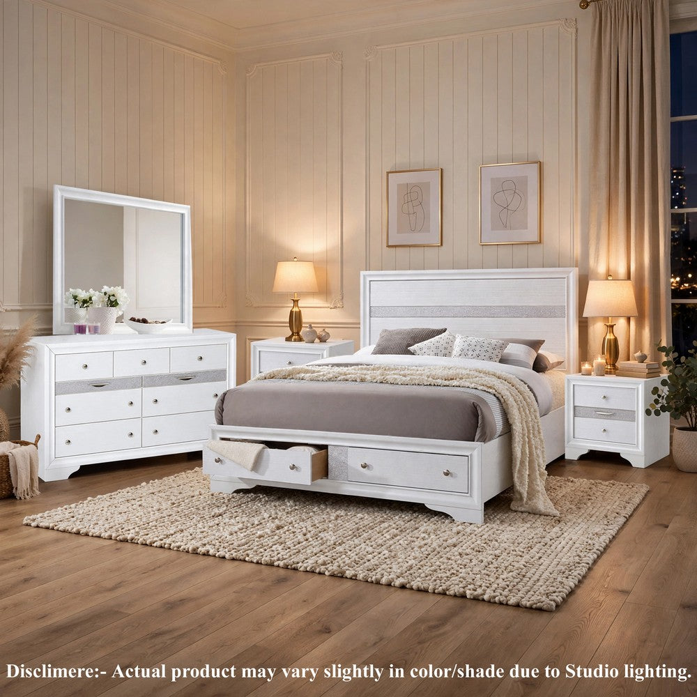 King Bedroom Set, White, 5pc w 2 Nightstands, Dresser, Mirror