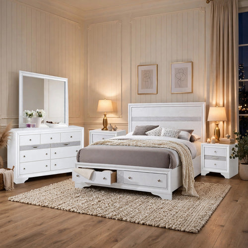 King Bedroom Set, White, 5pc w 2 Nightstands, Dresser, Mirror