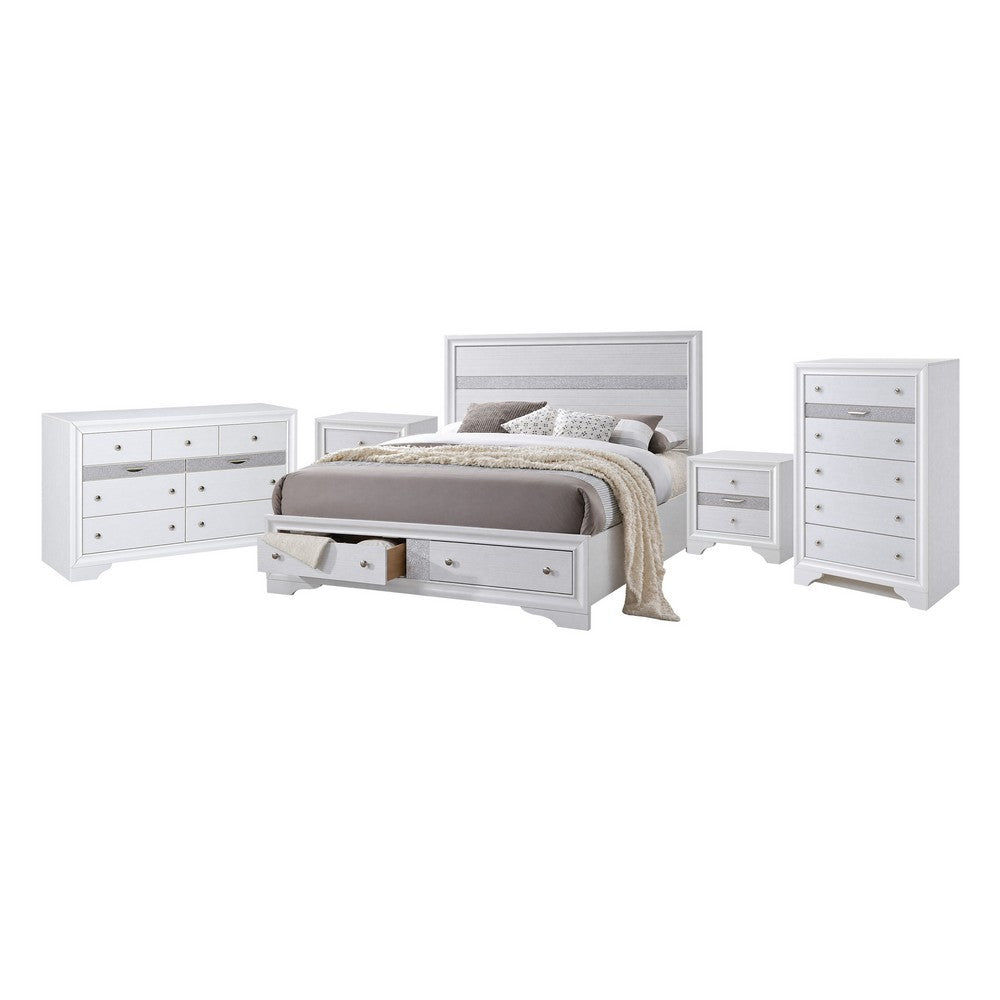King Bedroom Set, White, 5pc w 2 Nightstands, Dresser, Chest