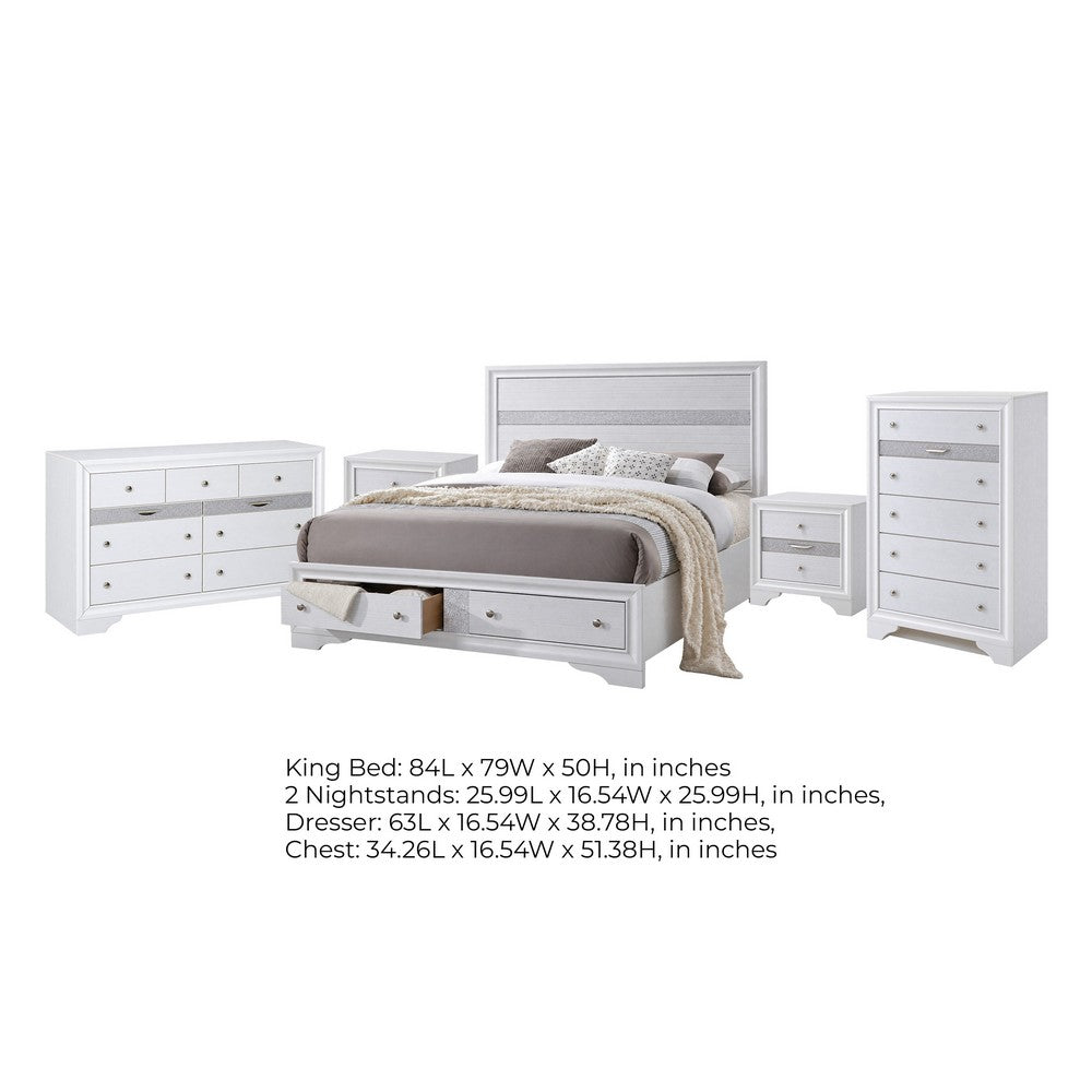 King Bedroom Set, White, 5pc w 2 Nightstands, Dresser, Chest