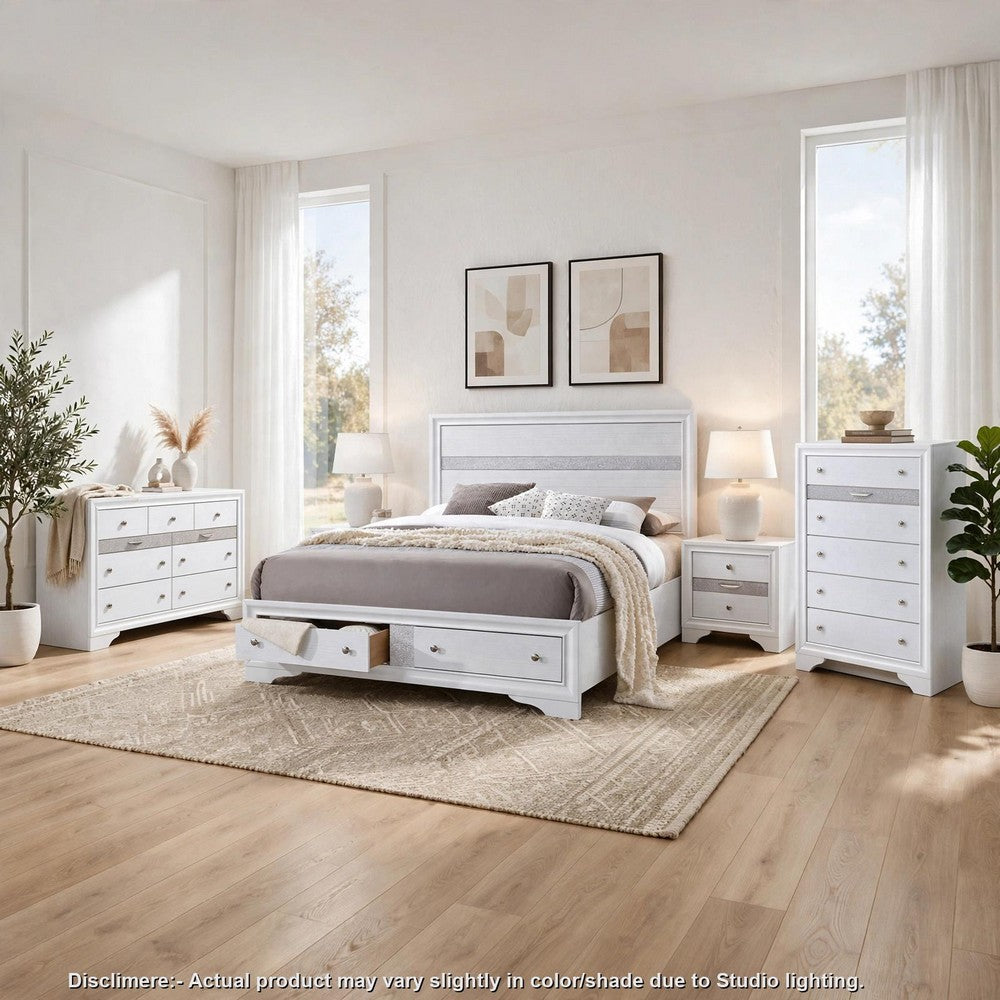 King Bedroom Set, White, 5pc w 2 Nightstands, Dresser, Chest