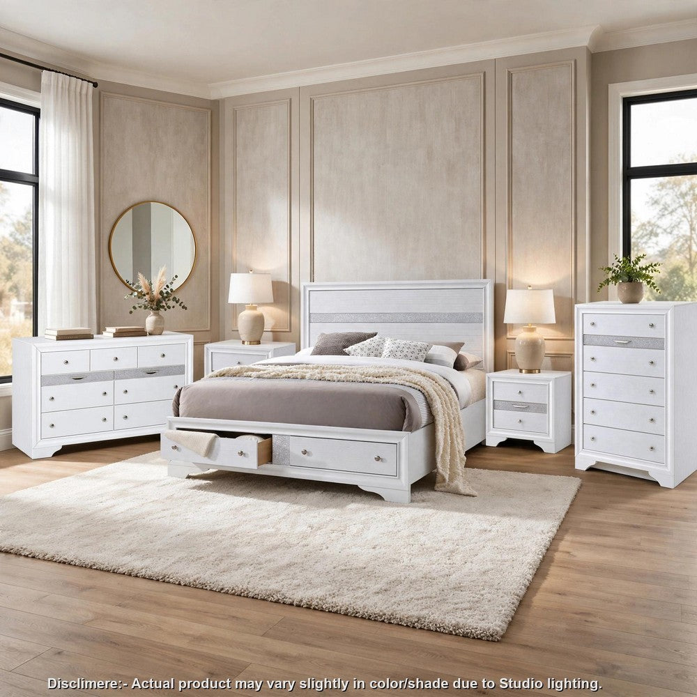 King Bedroom Set, White, 5pc w 2 Nightstands, Dresser, Chest
