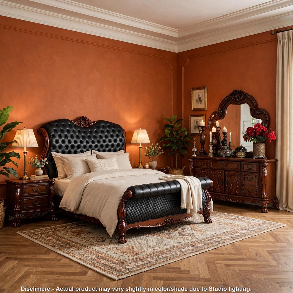 Queen Bedroom Set, Black Brown, 5pc w 2 Nightstands, Dresser, Mirror