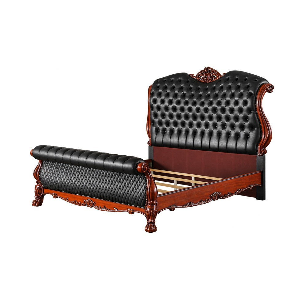 Queen Bedroom Set, Sleigh Design, Black Brown, 4pc w 2 Nightstands, Dresser