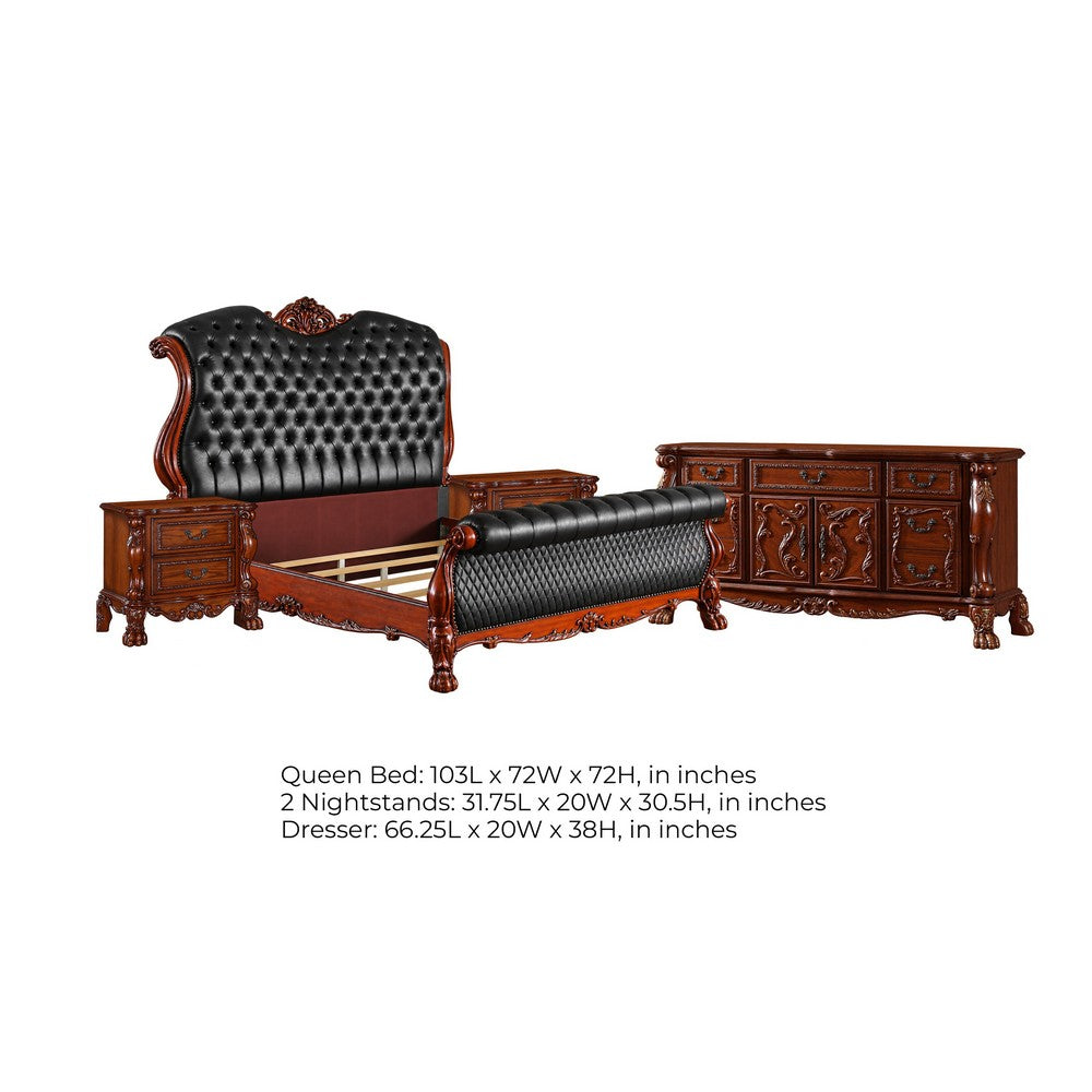 Queen Bedroom Set, Sleigh Design, Black Brown, 4pc w 2 Nightstands, Dresser