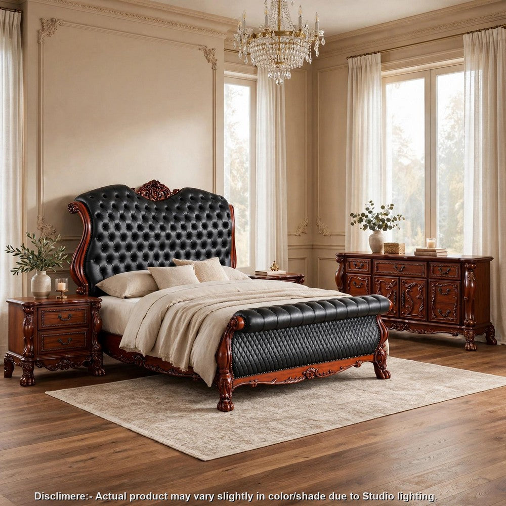 Queen Bedroom Set, Sleigh Design, Black Brown, 4pc w 2 Nightstands, Dresser