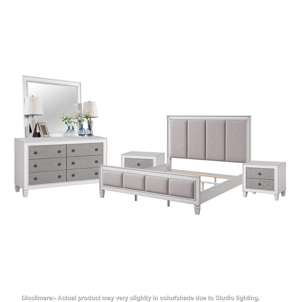 King Bedroom Set, Gray White, 5pc w 2 Nightstands, Dresser, Mirror