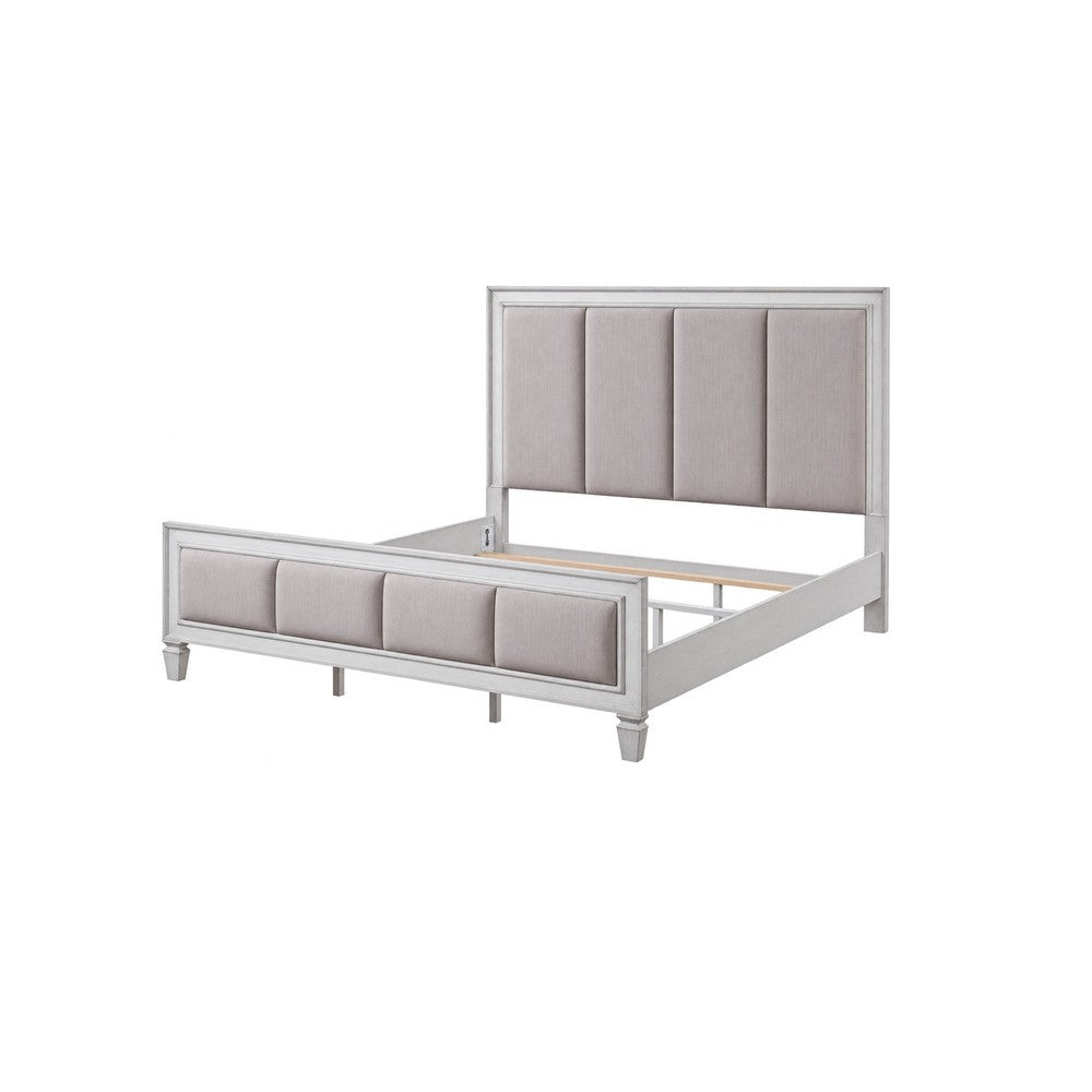 King Bedroom Set, Gray White, 5pc w 2 Nightstands, Dresser, Mirror