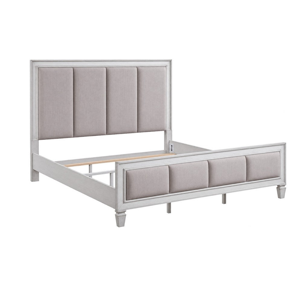 King Bedroom Set, Gray White, 5pc w 2 Nightstands, Dresser, Mirror