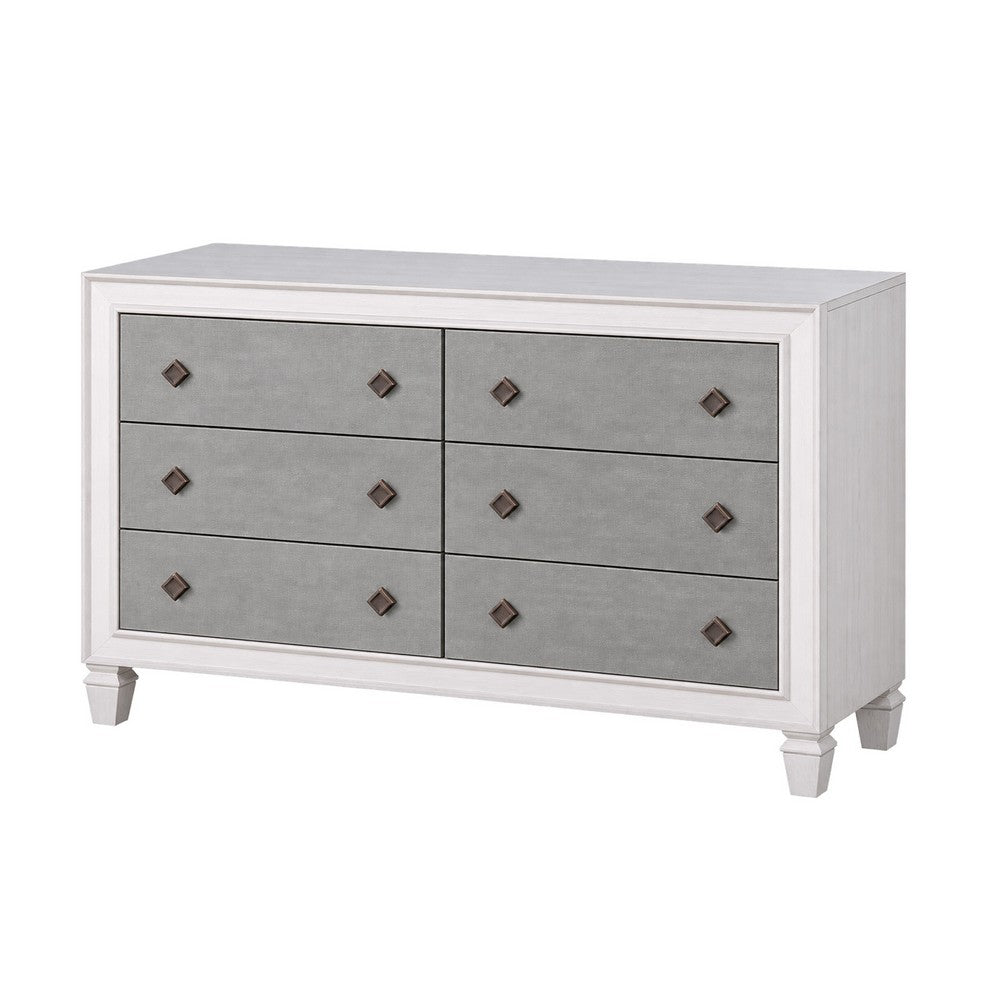 King Bedroom Set, Gray White, 5pc w 2 Nightstands, Dresser, Mirror