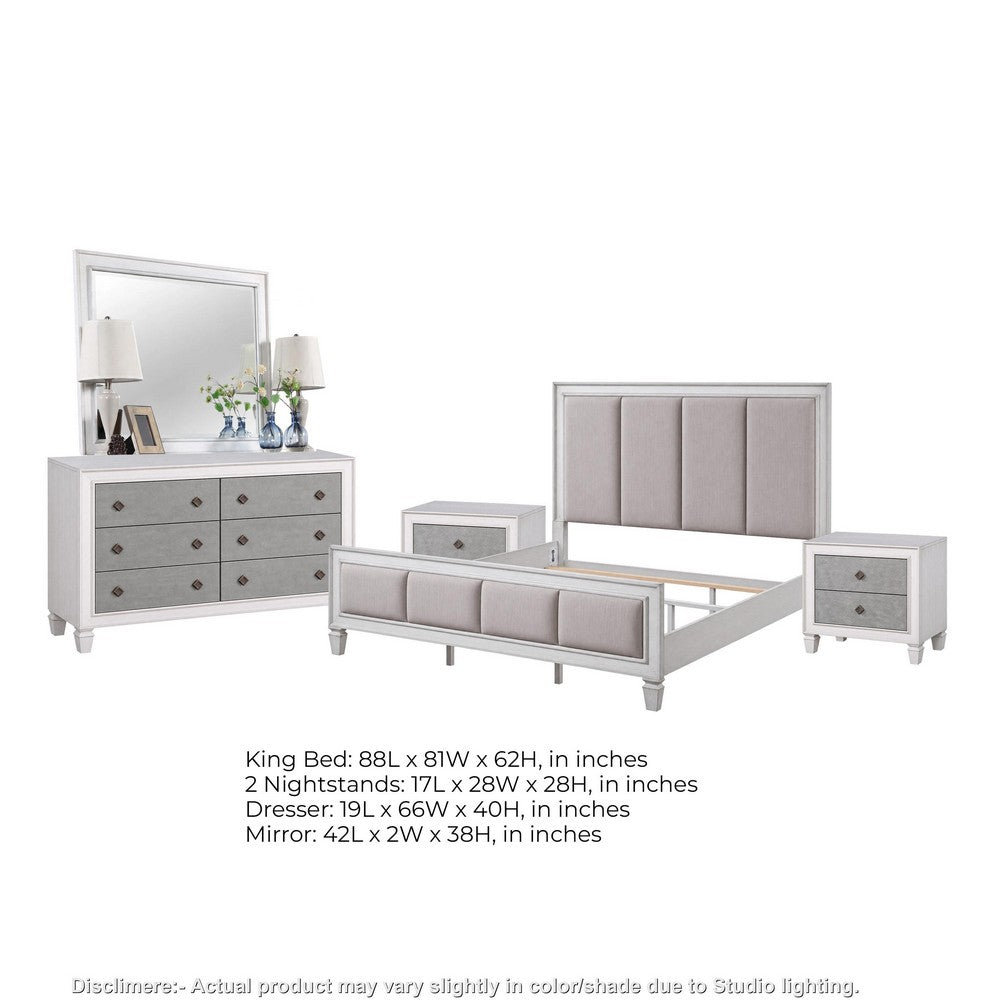 King Bedroom Set, Gray White, 5pc w 2 Nightstands, Dresser, Mirror