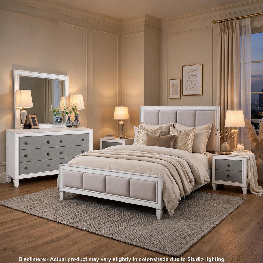 King Bedroom Set, Gray White, 5pc w 2 Nightstands, Dresser, Mirror