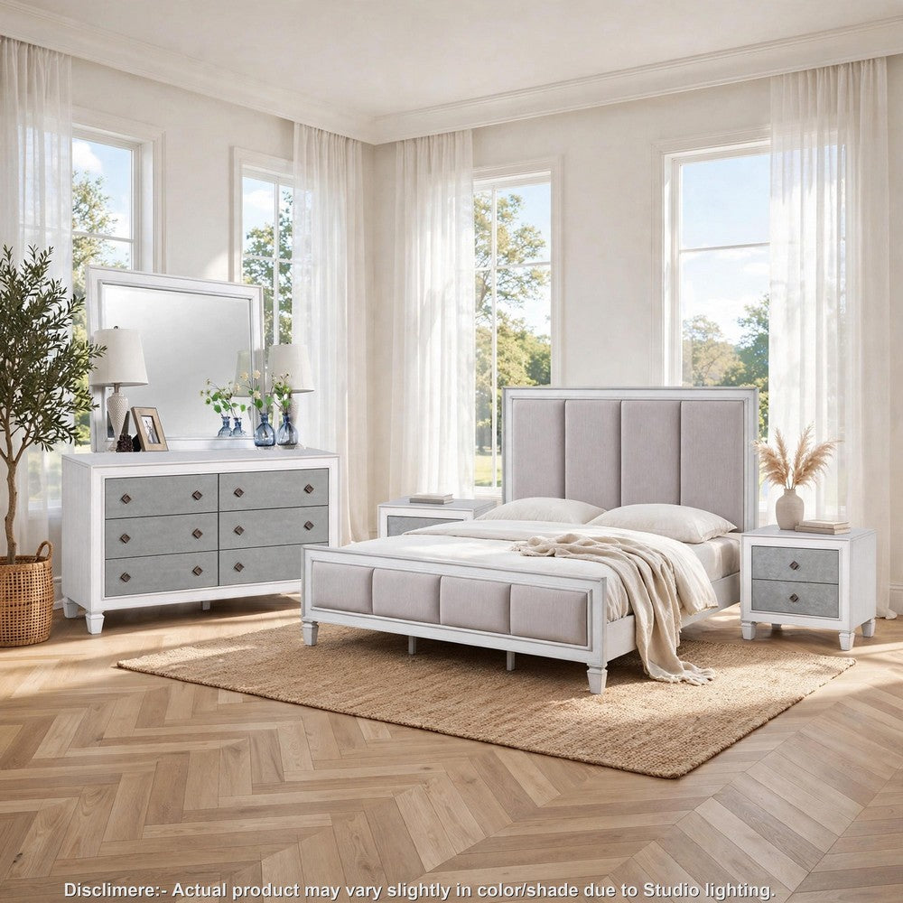 King Bedroom Set, Gray White, 5pc w 2 Nightstands, Dresser, Mirror