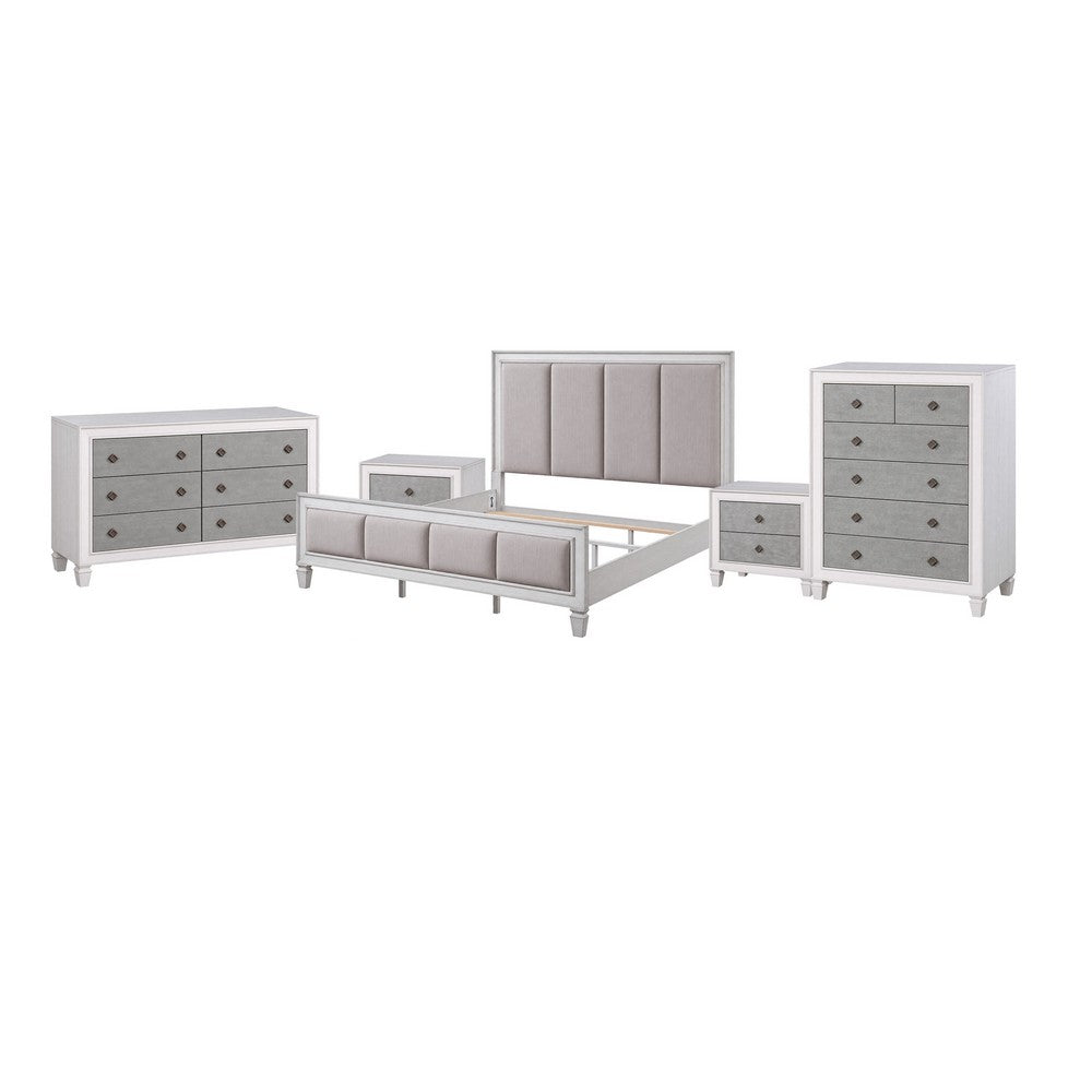 King Bedroom Set, Gray White, 5pc w 2 Nightstands, Dresser, Chest