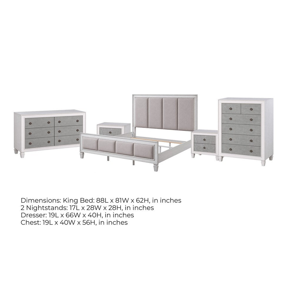 King Bedroom Set, Gray White, 5pc w 2 Nightstands, Dresser, Chest