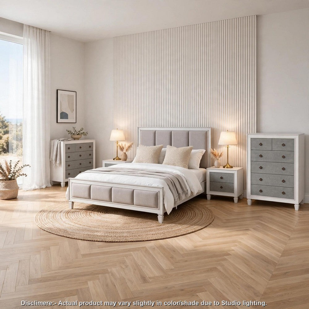 King Bedroom Set, Gray White, 5pc w 2 Nightstands, Dresser, Chest