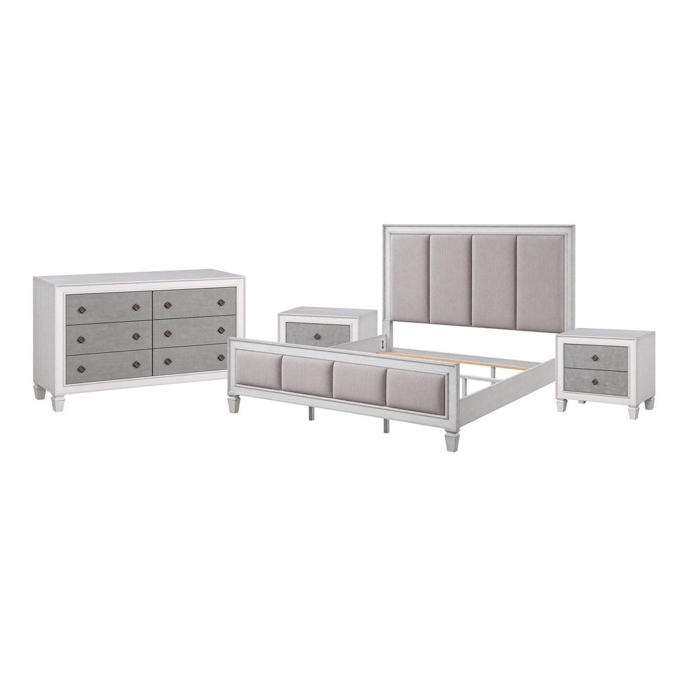 King Bedroom Set, Upholstered Design, Gray White, 4pc w 2 Nightstands, Dresser