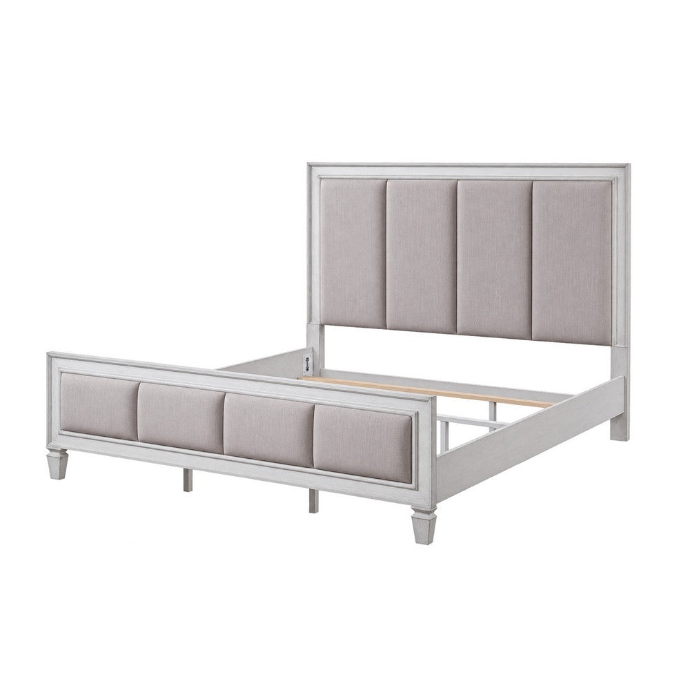 King Bedroom Set, Upholstered Design, Gray White, 4pc w 2 Nightstands, Dresser