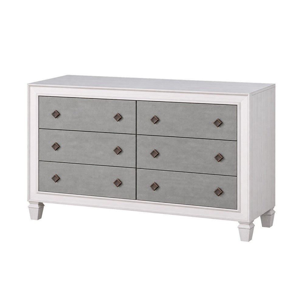 King Bedroom Set, Upholstered Design, Gray White, 4pc w 2 Nightstands, Dresser