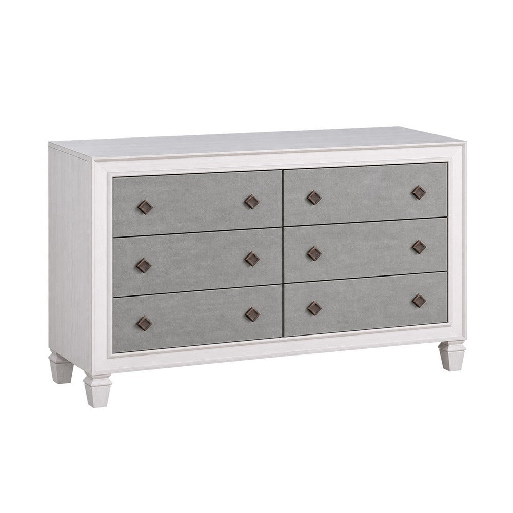 King Bedroom Set, Upholstered Design, Gray White, 4pc w 2 Nightstands, Dresser
