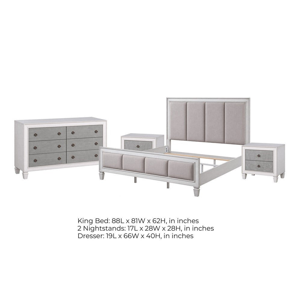 King Bedroom Set, Upholstered Design, Gray White, 4pc w 2 Nightstands, Dresser